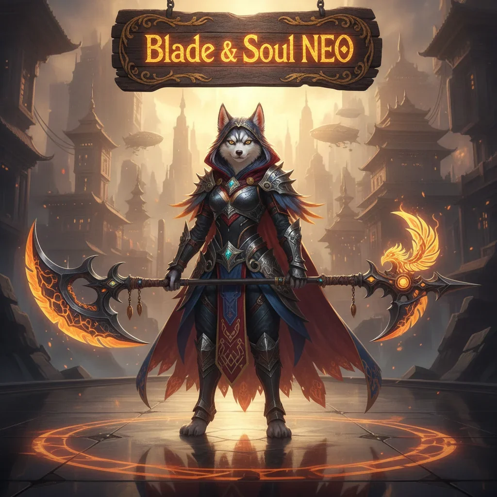 Fantasy artwork featuring an anthropomorphic husky character, inspired by Blade & Soul NEO game content and objectives.