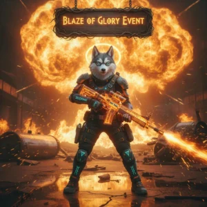 Fantasy game-inspired artwork showcasing an anthropomorphic Husky character in heroic armor, set against a mystical backdrop, representing content for the 'Blaze of Glory' event.