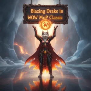 Fantasy artwork featuring an anthropomorphic Husky character, inspired by the Blazing Drake mount in World of Warcraft Mists of Pandaria Classic.
