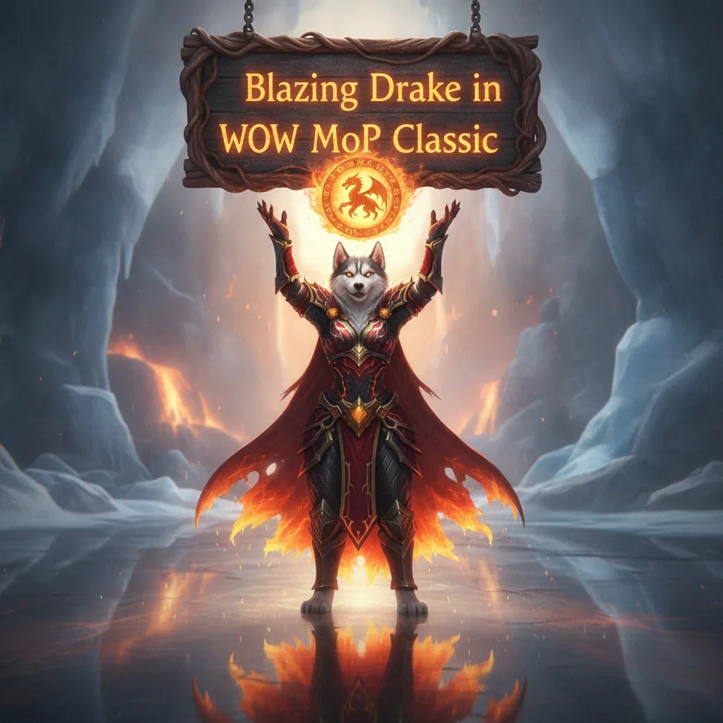 Fantasy artwork featuring an anthropomorphic Husky character, inspired by the Blazing Drake mount in World of Warcraft Mists of Pandaria Classic.