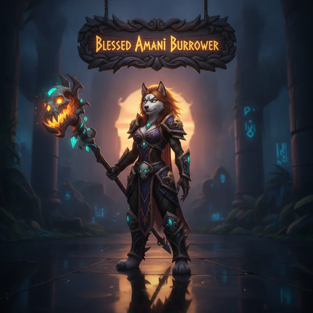 Fantasy artwork featuring an anthropomorphic husky character amidst a mystical World of Warcraft Midnight-themed landscape, representing Blessed Amani Burrower acquisition content and objectives.