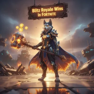 An anthropomorphic husky character in fantasy armor, set against a vibrant, game-inspired environment, representing Battle Royale victory content and objectives.