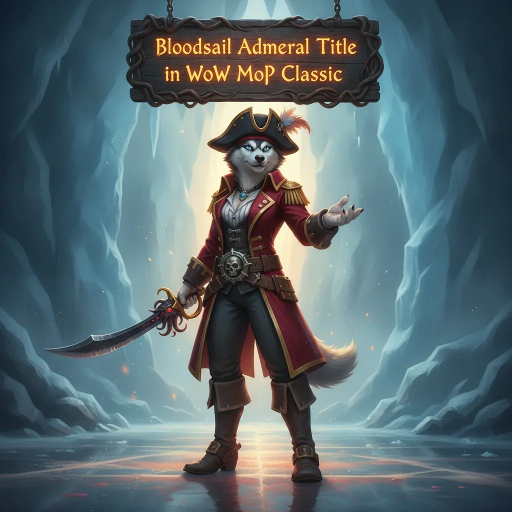 Fantasy artwork of an anthropomorphic Husky character, dressed in pirate-themed attire, representing the Bloodsail Admiral title.
