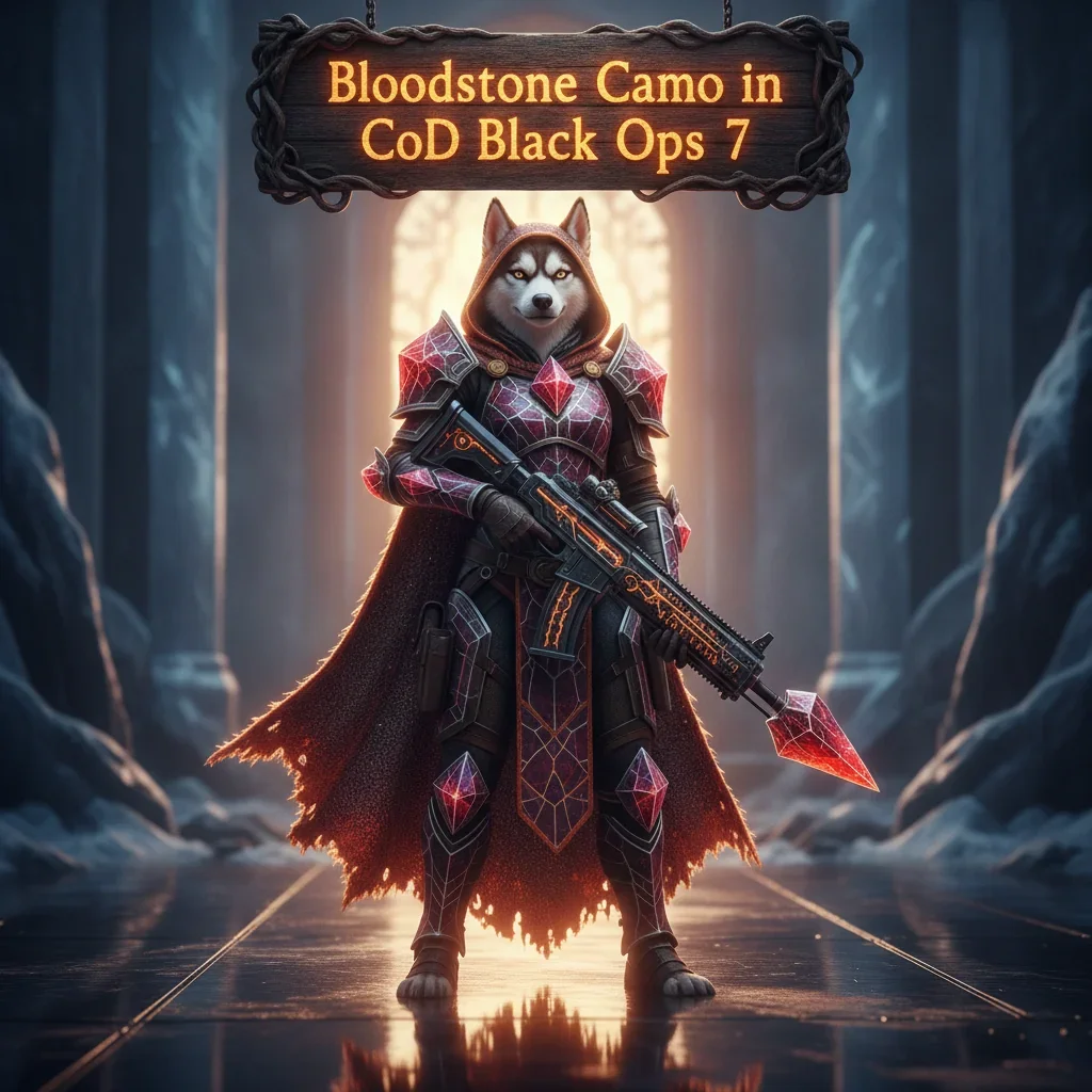 Fantasy artwork featuring an anthropomorphic husky in tactical gear, themed around unlocking Bloodstone Camo in CoD Black Ops 7 for weapon customization.