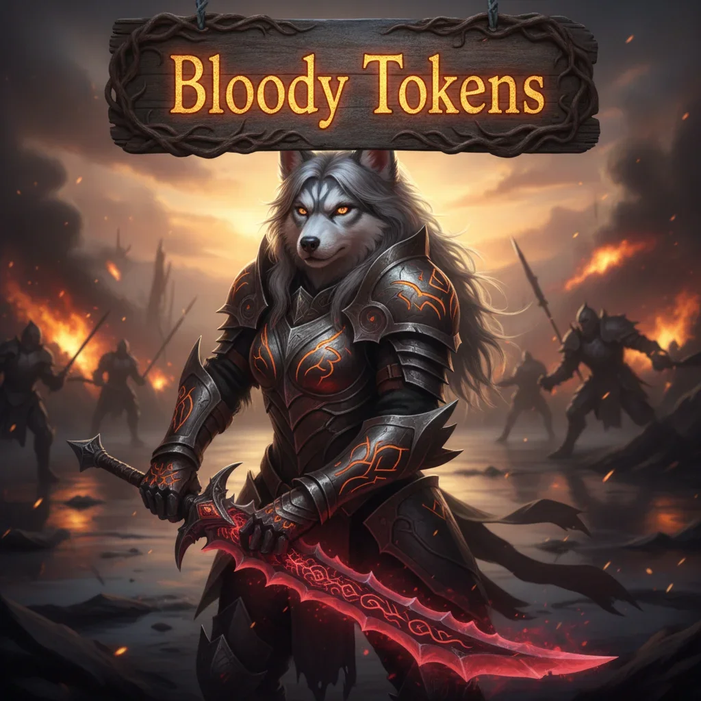 Fantasy artwork of an anthropomorphic husky character in heroic attire, within a mystical landscape, representing Bloody Tokens rewards.