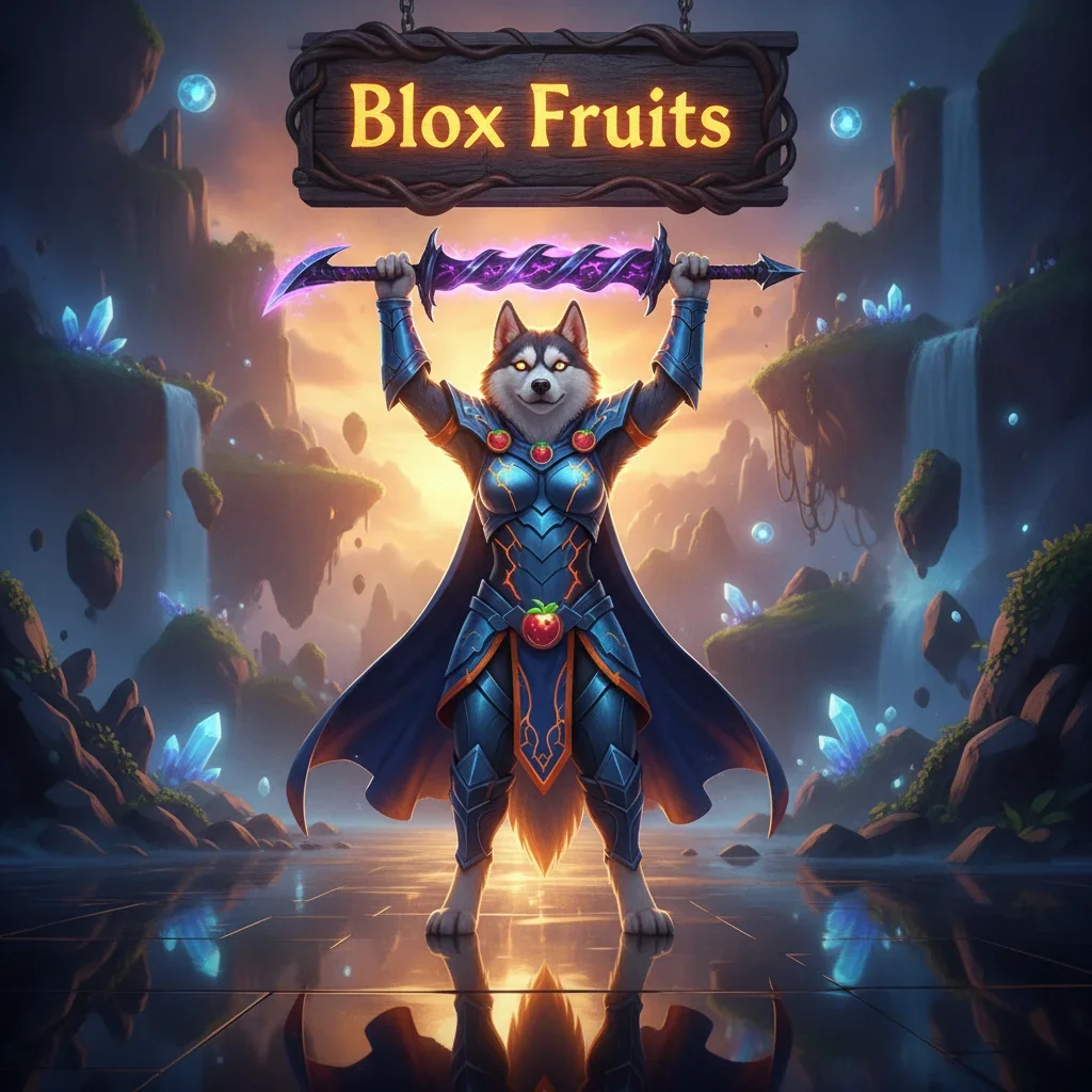 A fantasy game-inspired image featuring an anthropomorphic Husky character in a dynamic pose, set against a vibrant, imaginative background.