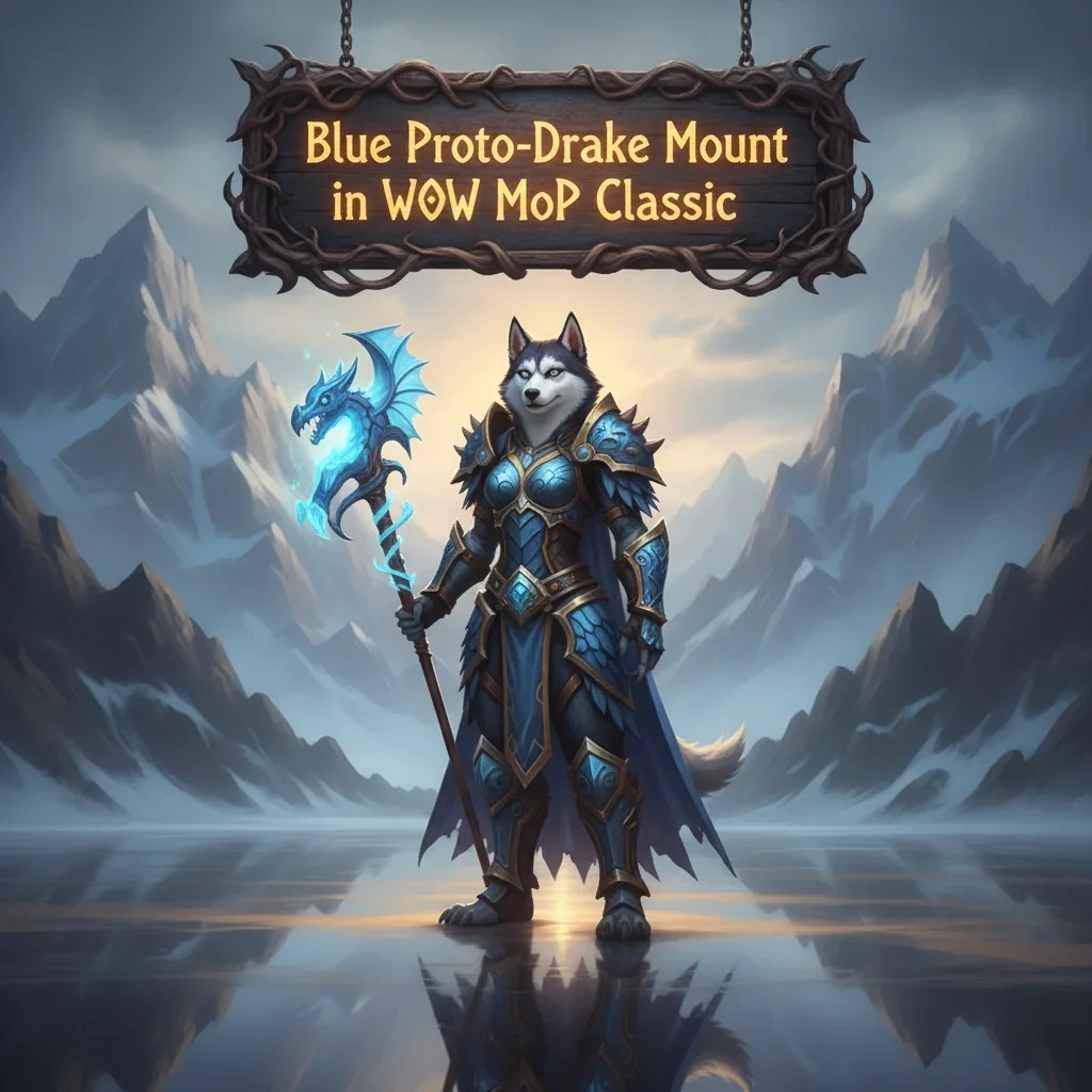 Fantasy artwork featuring a Husky character with a Blue Proto-Drake mount, themed around World of Warcraft Mists of Pandaria Classic content.