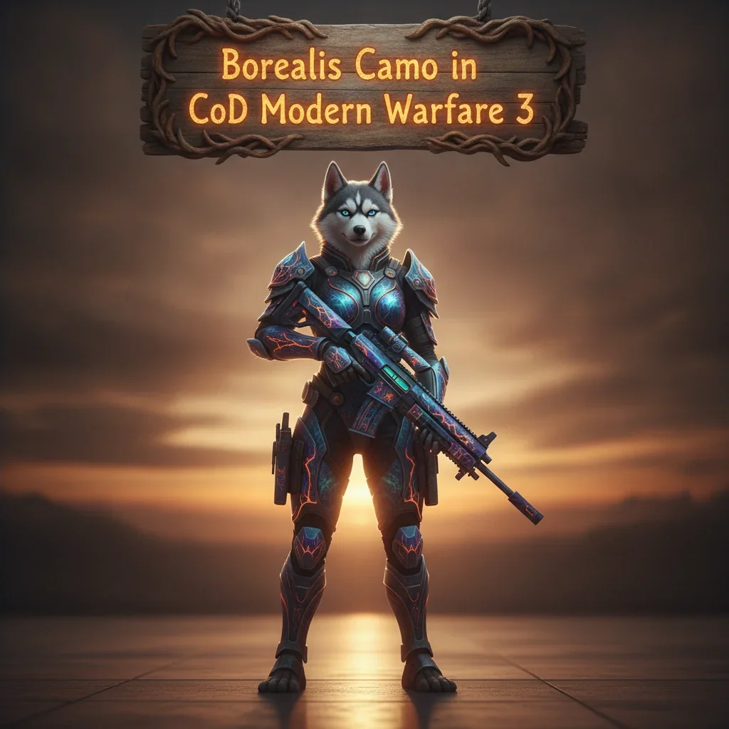 Anthropomorphic Husky in fantasy armor within a mystical setting. Artwork inspired by Borealis Camo content and weapon progression objectives in Modern Warfare 3.