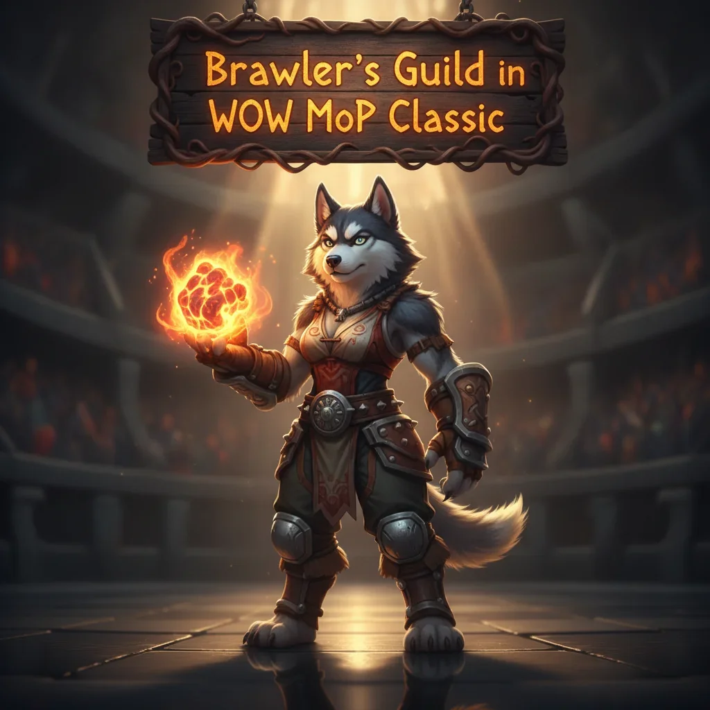 Fantasy artwork of an anthropomorphic Husky in armor, themed around Brawler's Guild challenges and content from World of Warcraft: Mists of Pandaria Classic.