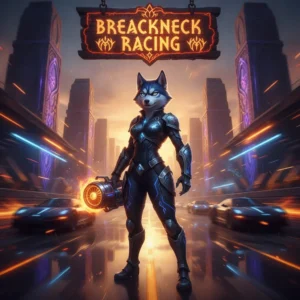 An anthropomorphic husky in fantasy armor, set in a dark, magical landscape, representing high-speed racing content and competitive objectives in a fantasy game.