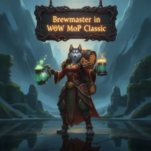 A fantasy game-inspired image featuring an anthropomorphic Husky character themed around Brewmaster content in World of Warcraft Mists of Pandaria Classic.