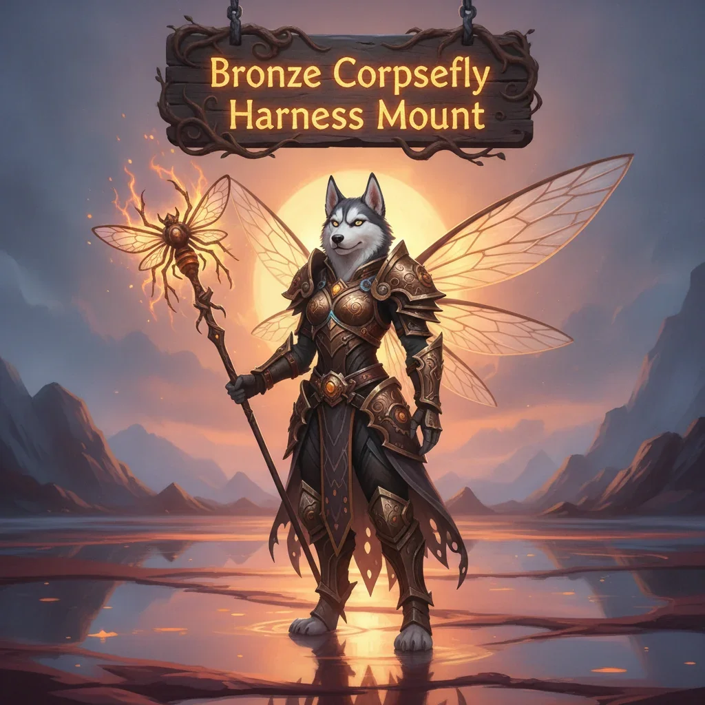 Fantasy artwork featuring an anthropomorphic husky character in detailed fantasy armor, representing the Bronze Corpsefly Harness Mount collection in WoW Midnight.