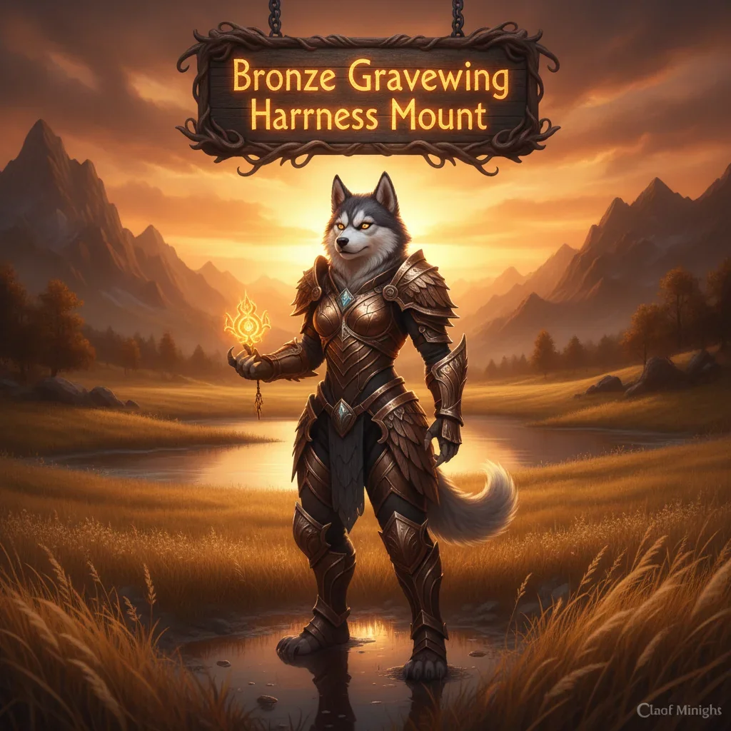 Anthropomorphic Husky character in fantasy armor. Artwork themed around the Bronze Gravewing Harness mount and its collectible content within a fantasy game.