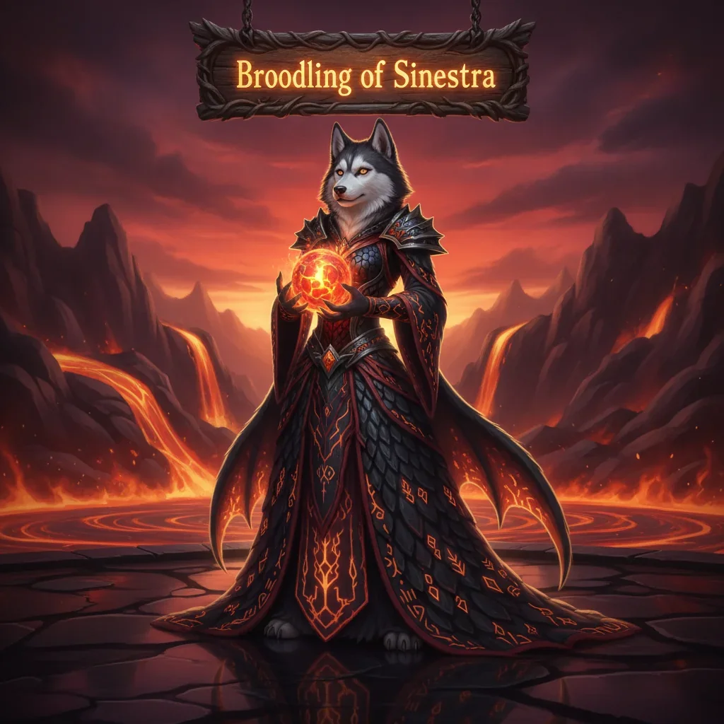 Fantasy artwork featuring an anthropomorphic husky character in an epic setting, inspired by the acquisition of the Broodling of Sinestra in World of Warcraft Midnight content.
