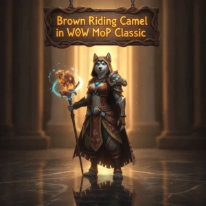 Fantasy artwork of an anthropomorphic husky character in World of Warcraft Mists of Pandaria Classic, themed around obtaining the Brown Riding Camel mount.
