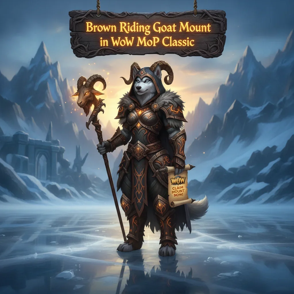 Fantasy artwork of an anthropomorphic husky riding a brown goat mount, inspired by World of Warcraft Mists of Pandaria Classic content.