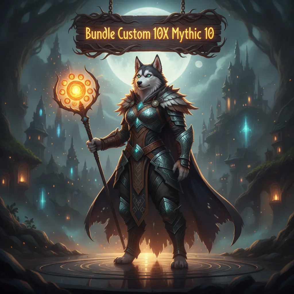 Fantasy artwork featuring an anthropomorphic Husky character in detailed fantasy attire, standing in a dark, mystical environment, themed around high-level Mythic 10 dungeon objectives.