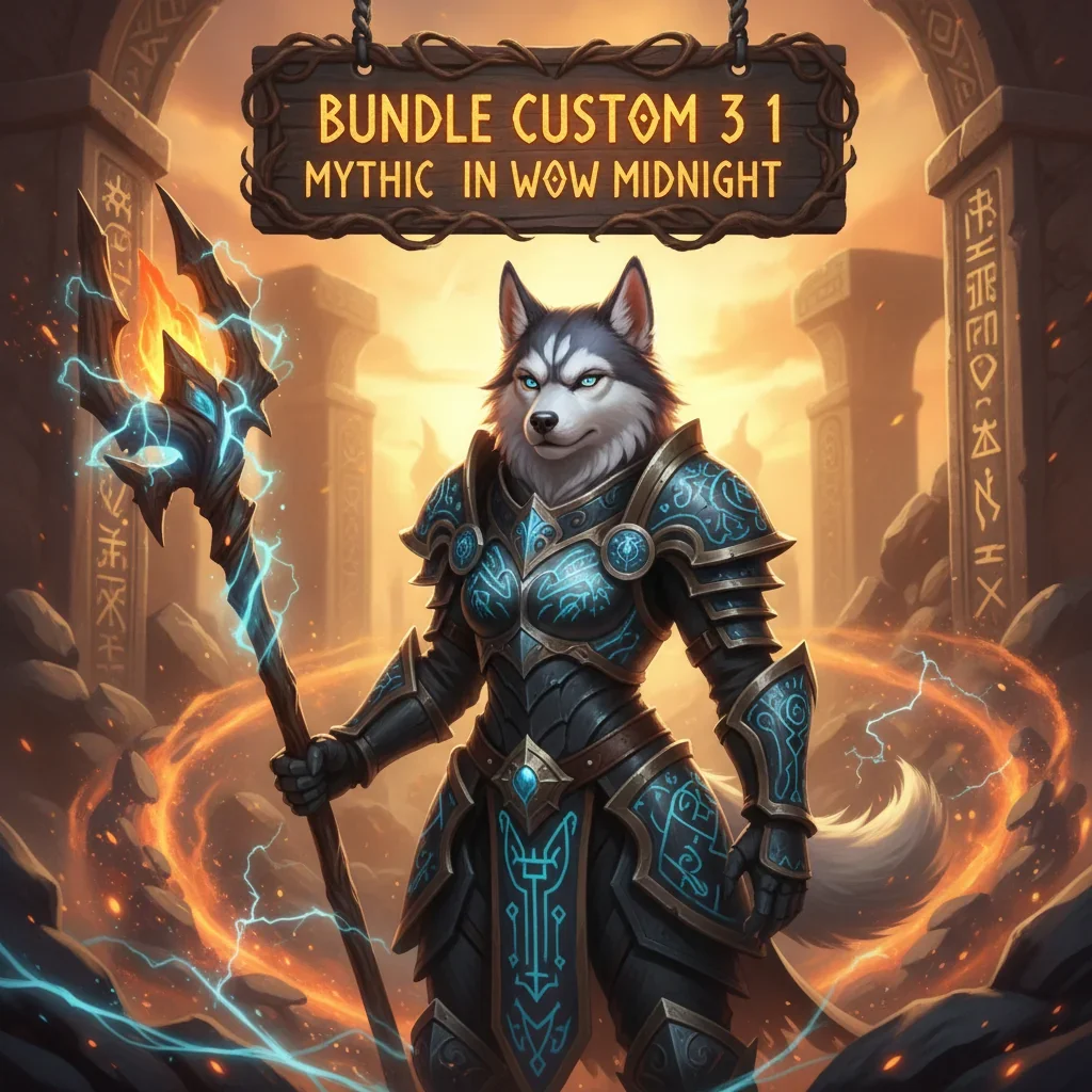 Fantasy art of an anthropomorphic husky in ornate armor, posed in a mystical WoW 'Midnight' setting. It reflects Mythic+10 dungeon content and related progression.