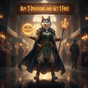 An anthropomorphic Husky character in fantasy armor, representing a game promotion related to division boosts and bonus content.