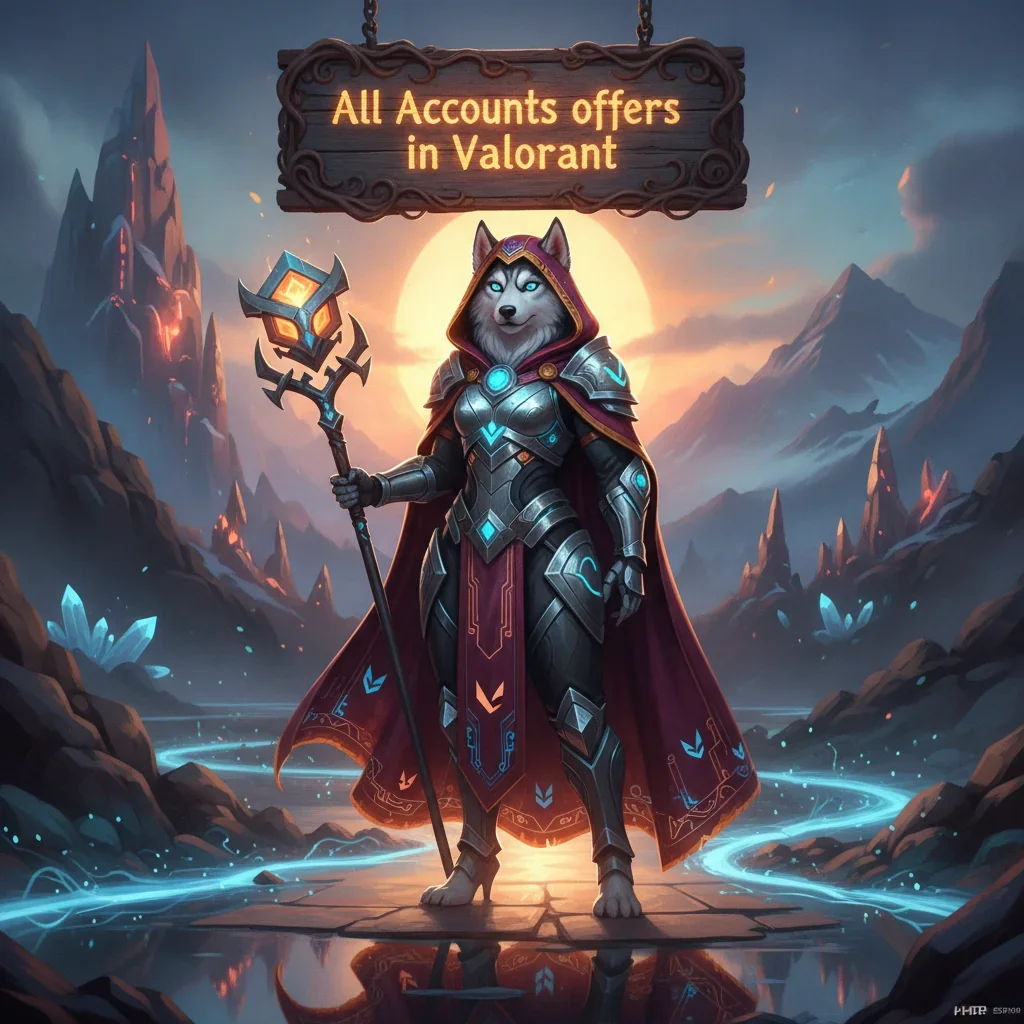 An anthropomorphic husky character wearing fantasy armor stands within a mystical, game-inspired environment, representing the acquisition of game accounts and progression.