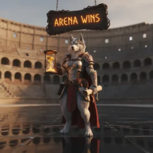 Fantasy game-inspired artwork featuring an anthropomorphic husky character in armor, themed around arena wins.