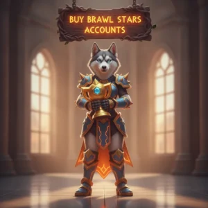 A fantasy game-inspired image featuring an anthropomorphic husky character in a themed outfit, representing Brawl Stars account content.