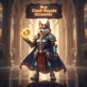 Fantasy artwork featuring an anthropomorphic Husky character, themed around obtaining Clash Royale accounts and game content.