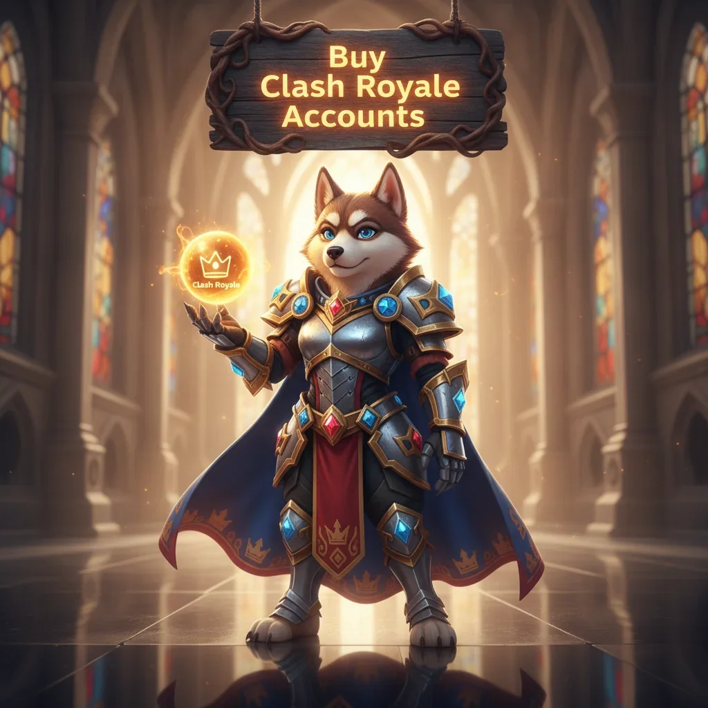 Fantasy artwork featuring an anthropomorphic Husky character, themed around obtaining Clash Royale accounts and game content.