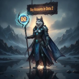 A fantasy game-inspired artwork featuring an anthropomorphic husky character in an epic, magical setting, themed around Dota 2 accounts.