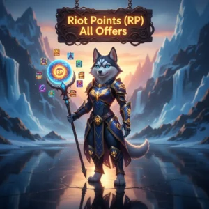 An anthropomorphic husky character in fantasy attire, inspired by the theme of acquiring League of Legends Riot Points.