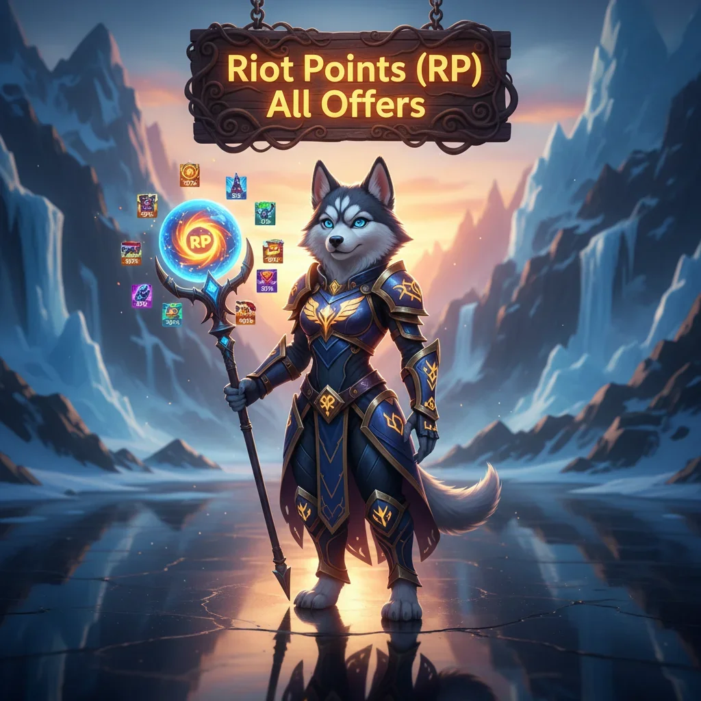 An anthropomorphic husky character in fantasy attire, inspired by the theme of acquiring League of Legends Riot Points.