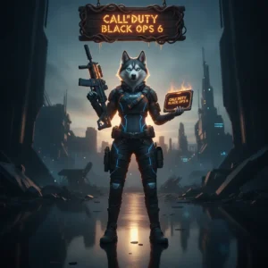 Fantasy game-inspired artwork featuring an anthropomorphic husky character in tactical gear, themed around Call of Duty Black Ops 6 objectives.