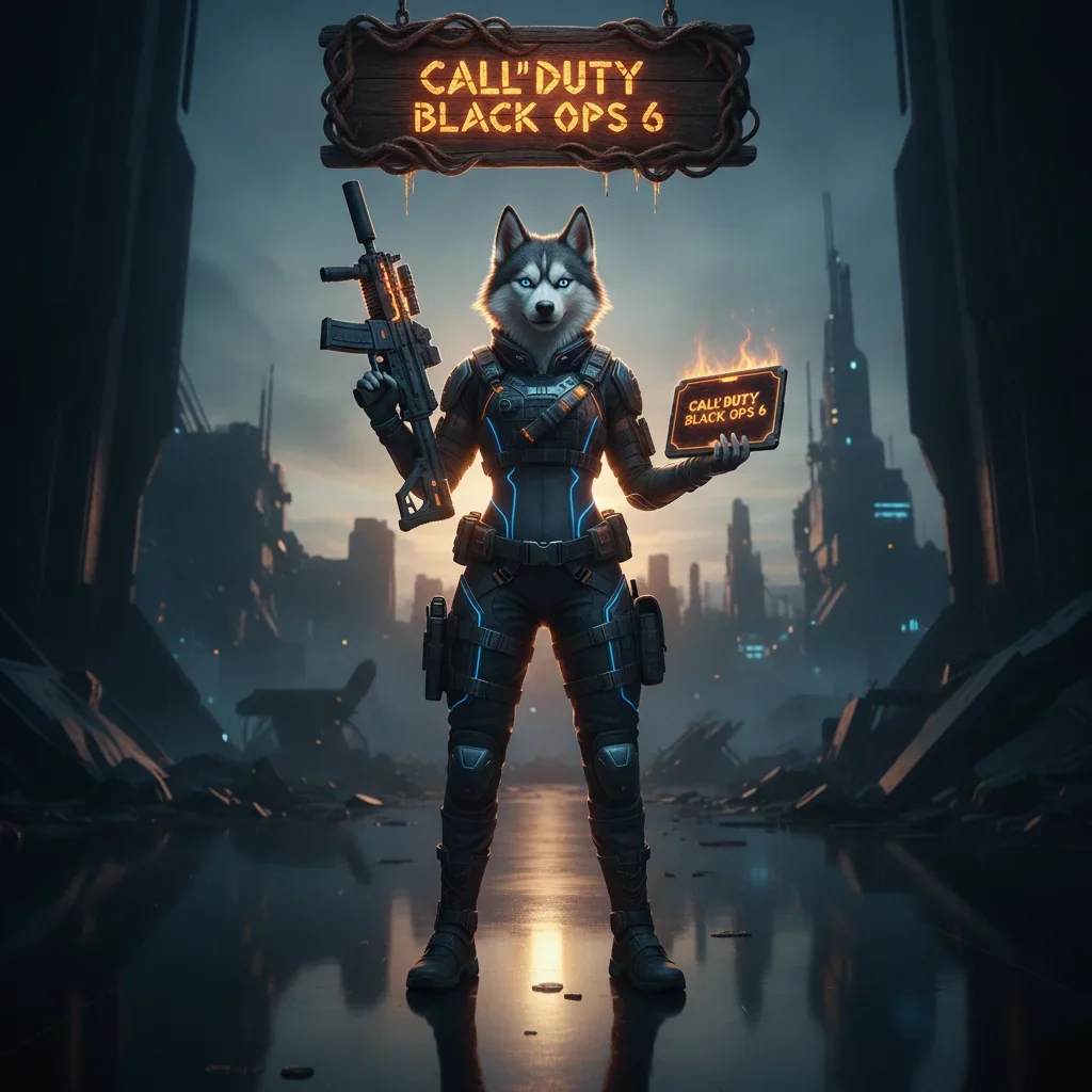 Fantasy game-inspired artwork featuring an anthropomorphic husky character in tactical gear, themed around Call of Duty Black Ops 6 objectives.