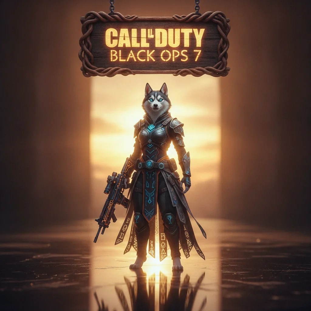 Fantasy game-inspired artwork featuring an anthropomorphic husky character in military-themed attire, representing Call of Duty Black Ops 7 objectives.