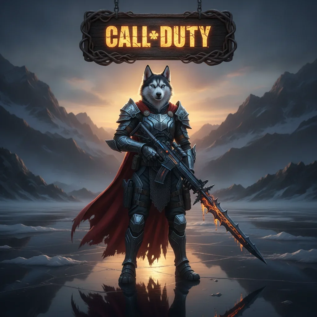 Fantasy game-inspired artwork featuring an anthropomorphic Husky character in themed armor, representing Call of Duty boosting services.