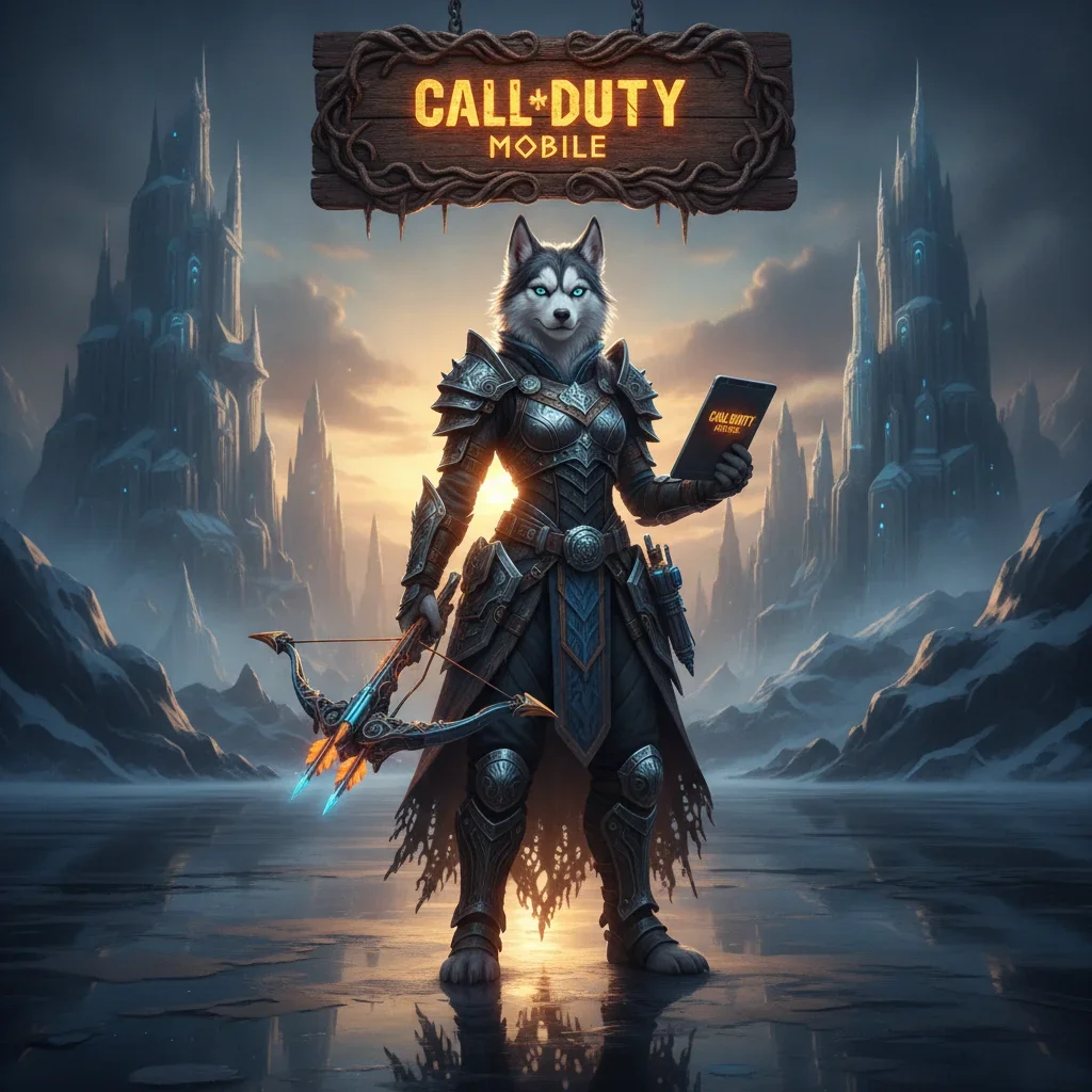 An anthropomorphic Husky character in tactical gear, inspired by Call of Duty Mobile boosting services and game content.