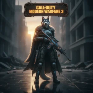 Fantasy artwork featuring an anthropomorphic Husky character, themed around Call of Duty Modern Warfare 3 boosting services.