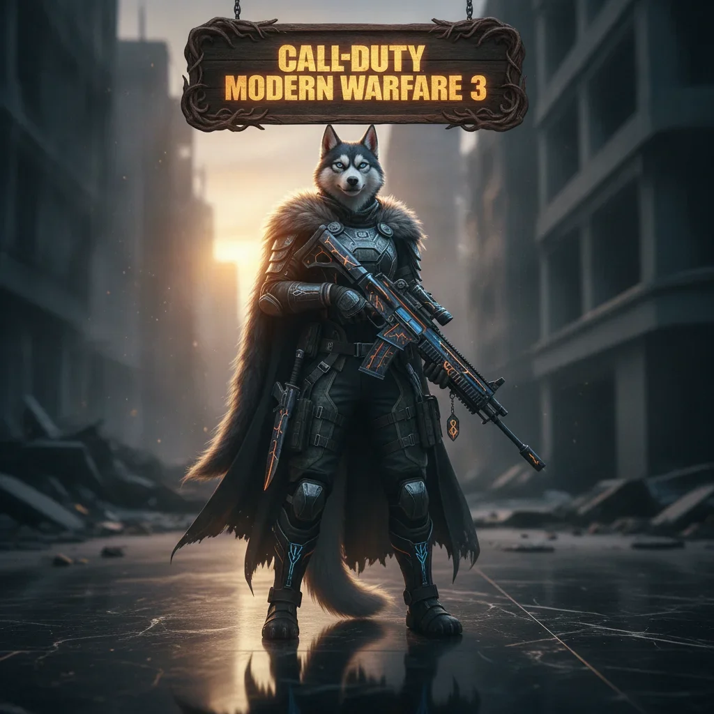 Fantasy artwork featuring an anthropomorphic Husky character, themed around Call of Duty Modern Warfare 3 boosting services.