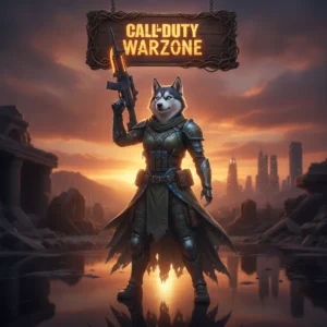 Fantasy game-inspired artwork featuring an anthropomorphic Husky character, themed around Call of Duty Warzone objectives and challenges.