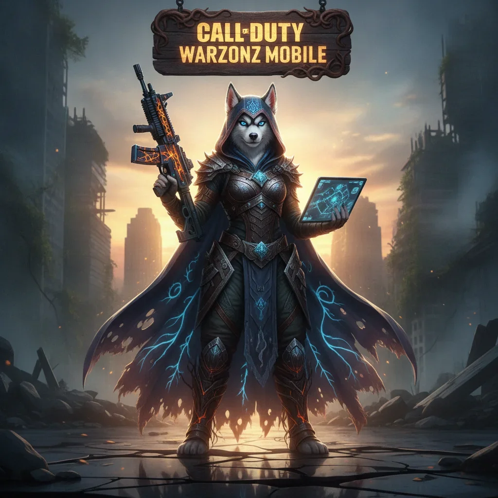 Fantasy game-inspired artwork featuring an anthropomorphic husky character in a themed outfit, related to Call of Duty Warzone Mobile objectives.