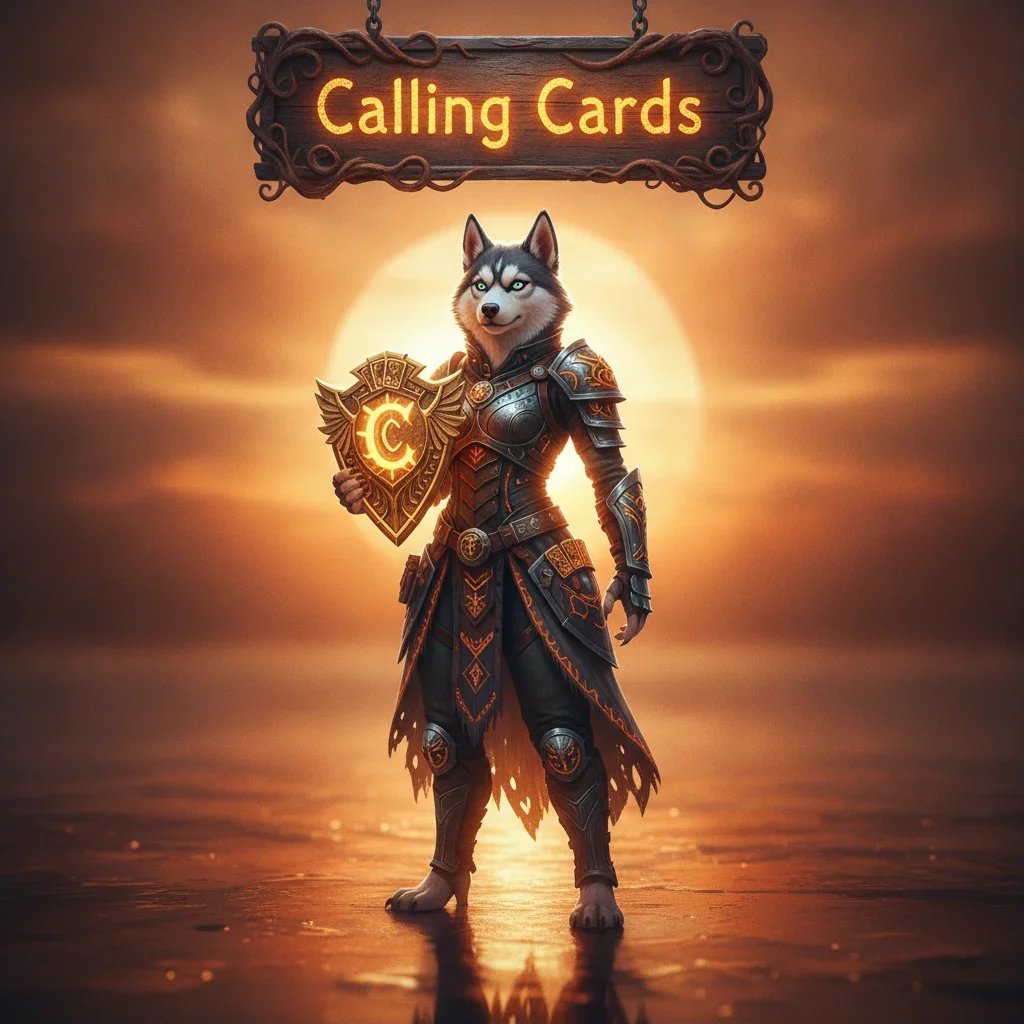 An anthropomorphic husky character in detailed fantasy armor stands in a mystical, game-inspired environment, representing Calling Cards content and cosmetic profile unlocks for a modern combat game.