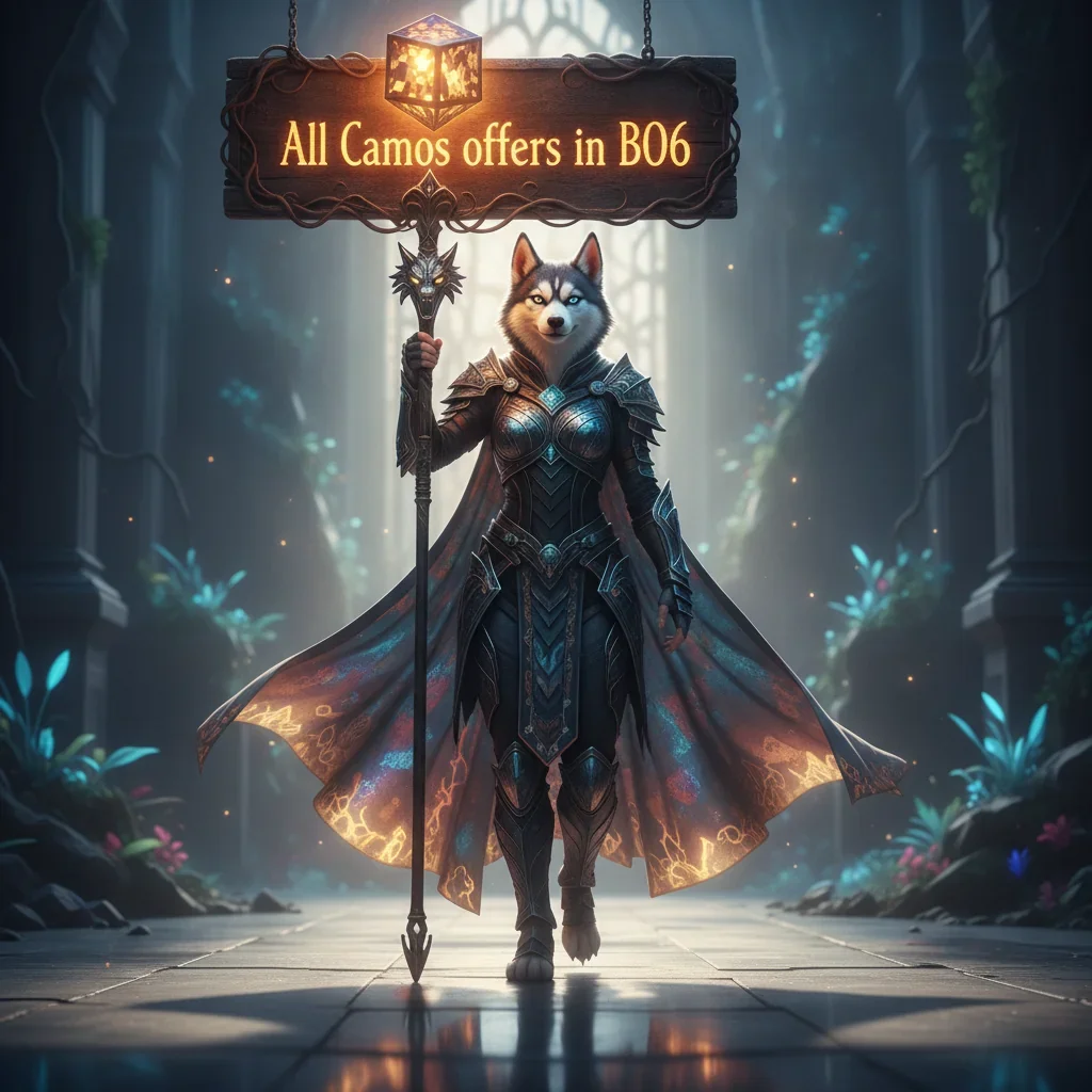 Fantasy game-inspired artwork featuring an anthropomorphic Husky character, themed around weapon customization and progression objectives.