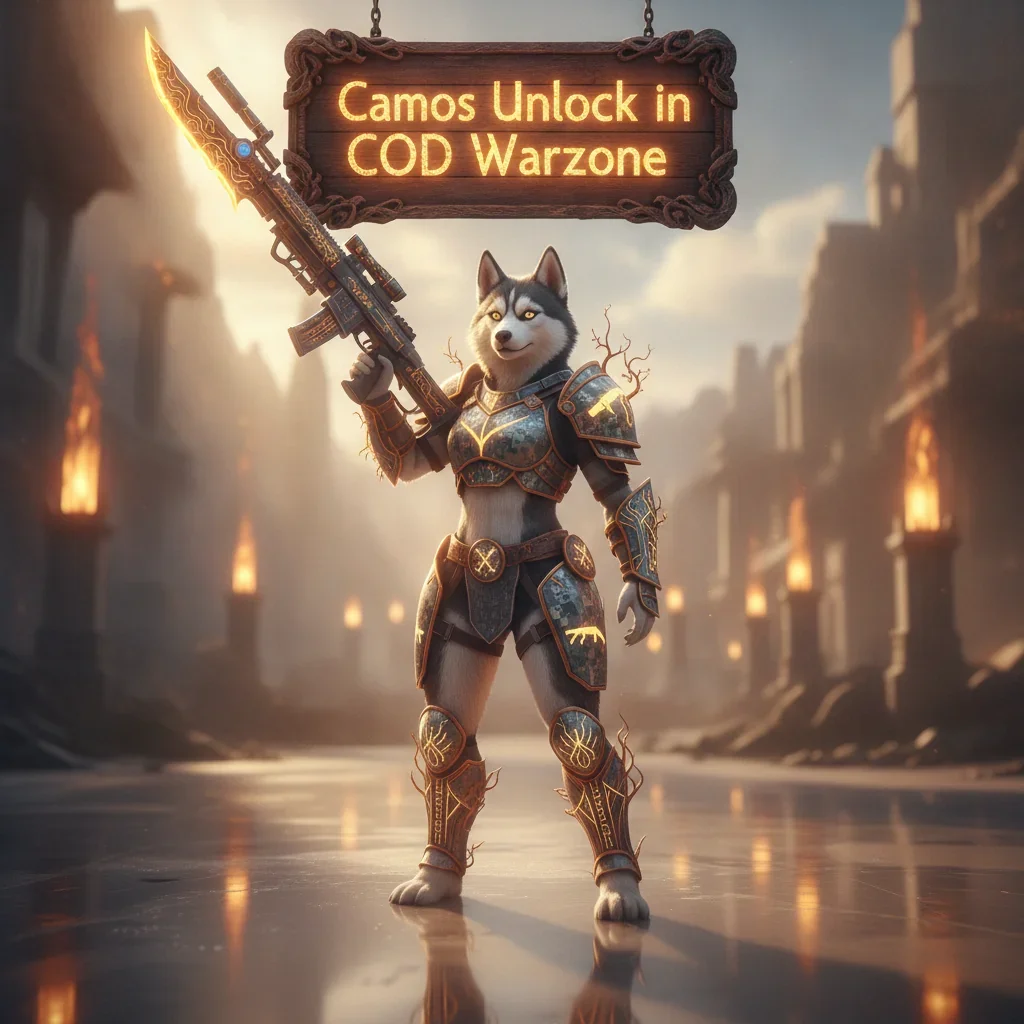 An anthropomorphic Husky character in fantasy armor, set against a war-torn, game-inspired backdrop, representing weapon cosmetic objectives.