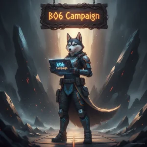 An anthropomorphic husky character, clad in fantasy armor, stands in a mystical game-inspired environment. This artwork is themed around content for storyline campaign objectives and progression.