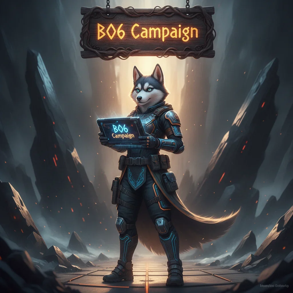 An anthropomorphic husky character, clad in fantasy armor, stands in a mystical game-inspired environment. This artwork is themed around content for storyline campaign objectives and progression.