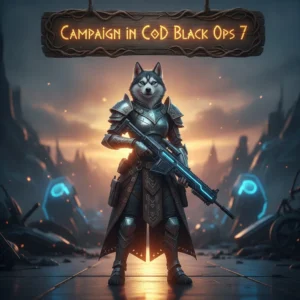 An anthropomorphic Husky character in tactical fantasy gear, set in a war-torn, futuristic environment, representing the campaign story progression in Black Ops 7.