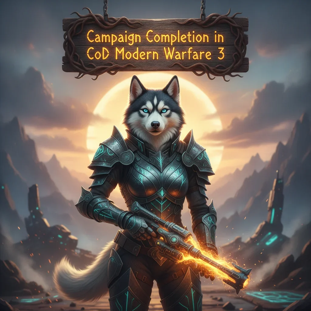 An anthropomorphic Husky character, clad in fantasy armor, stands in a mystical game-inspired landscape, representing campaign completion objectives and adventure content. The artwork is themed around story progression milestones in a fantasy setting.