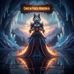 Anthropomorphic husky character in fantasy attire within a magical setting, representing car development and vehicle upgrade content. Artwork inspired by achieving racing game objectives.