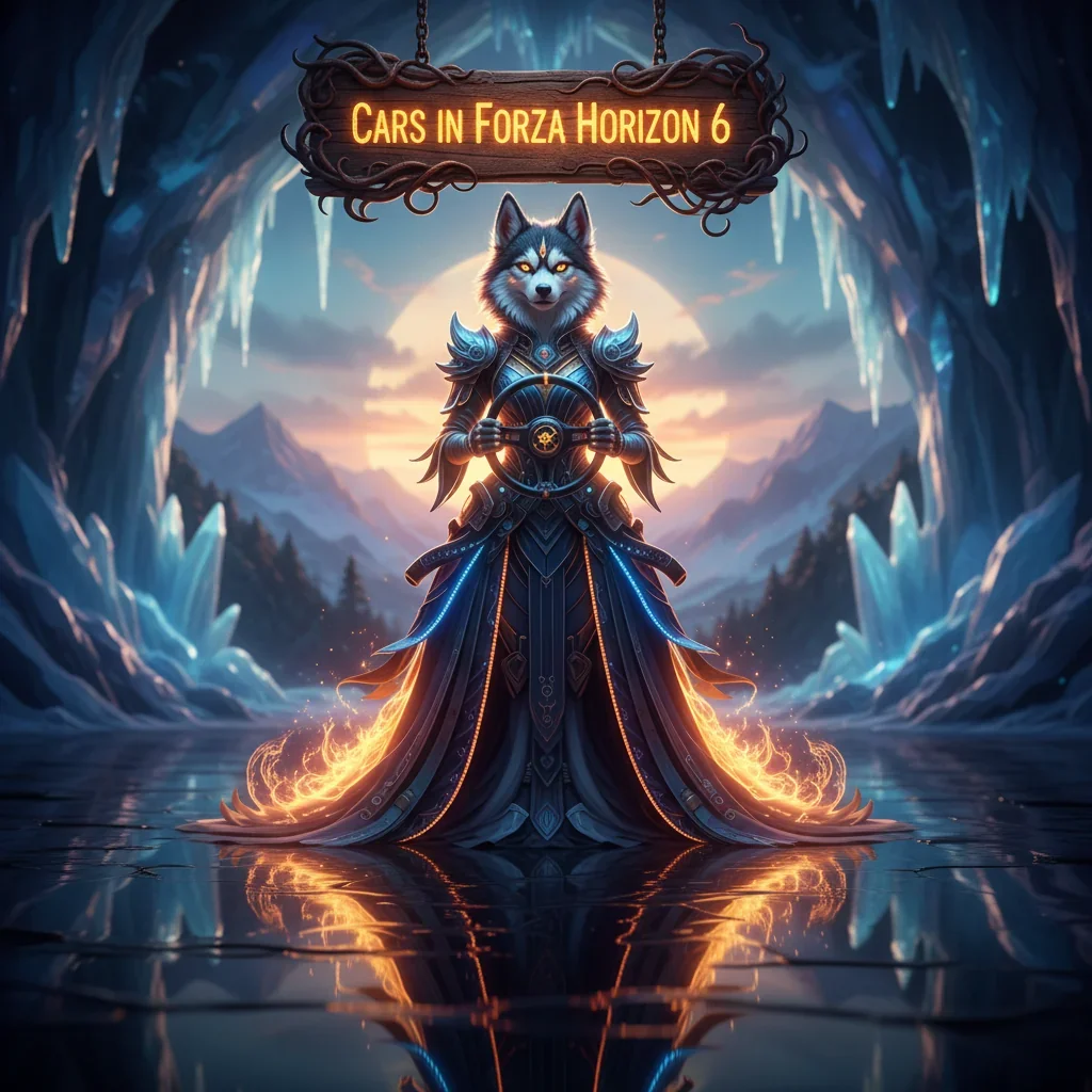 Anthropomorphic husky character in fantasy attire within a magical setting, representing car development and vehicle upgrade content. Artwork inspired by achieving racing game objectives.