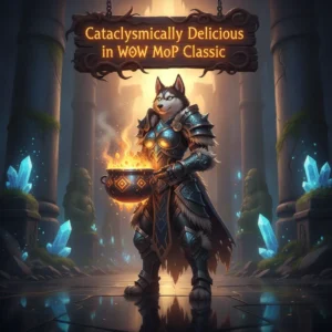 Fantasy artwork of an anthropomorphic husky mage, themed around World of Warcraft Mists of Pandaria Classic content and objectives.